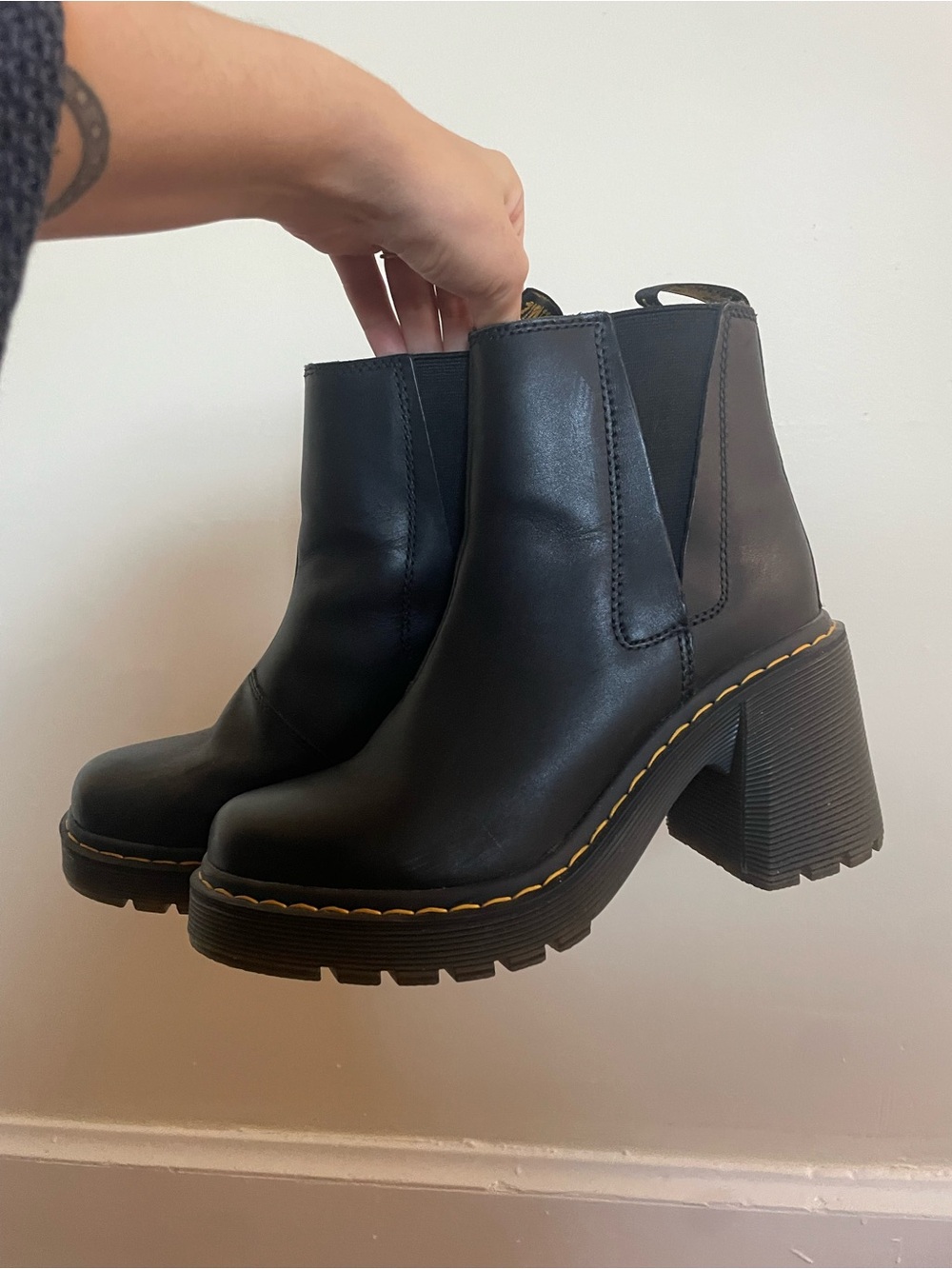Dr. Martens Black Chunky Platform Chelsea Boots with Yellow Stitching
